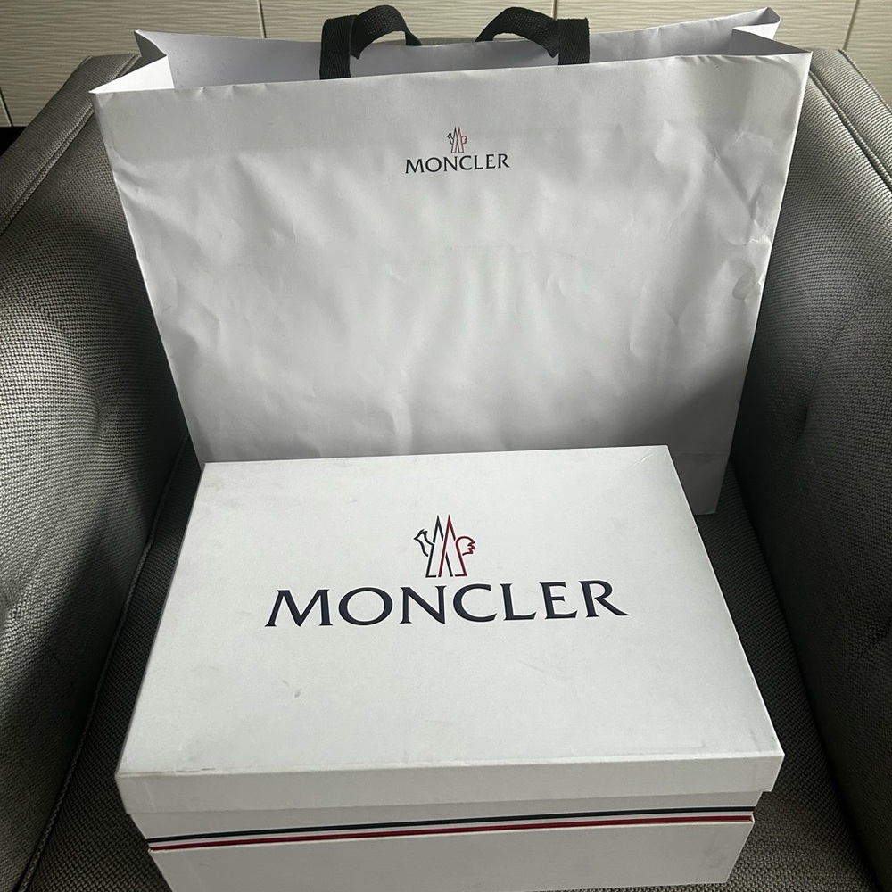 Moncler White Shoe Box with Red and Black Accents and shopping bag